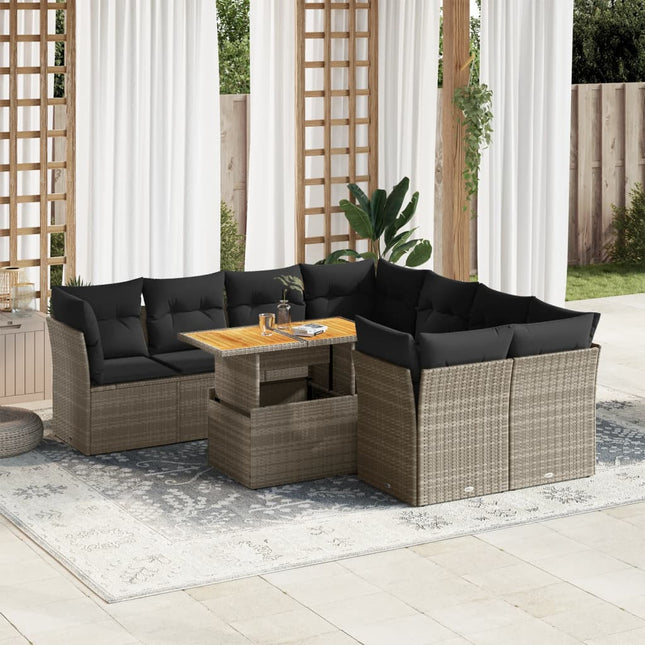 9-delige Loungeset met kussens poly rattan grijs