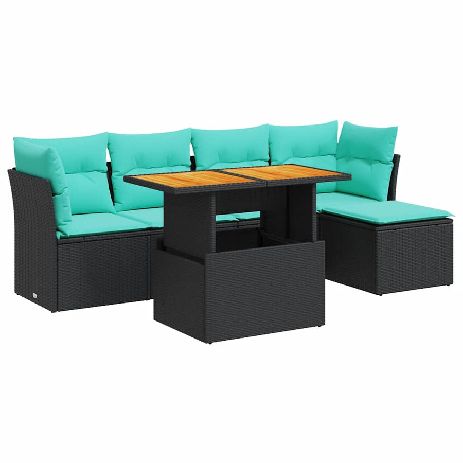 6-delige Loungeset met kussens poly rattan zwart