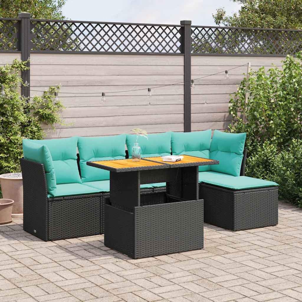 6-delige Loungeset met kussens poly rattan zwart
