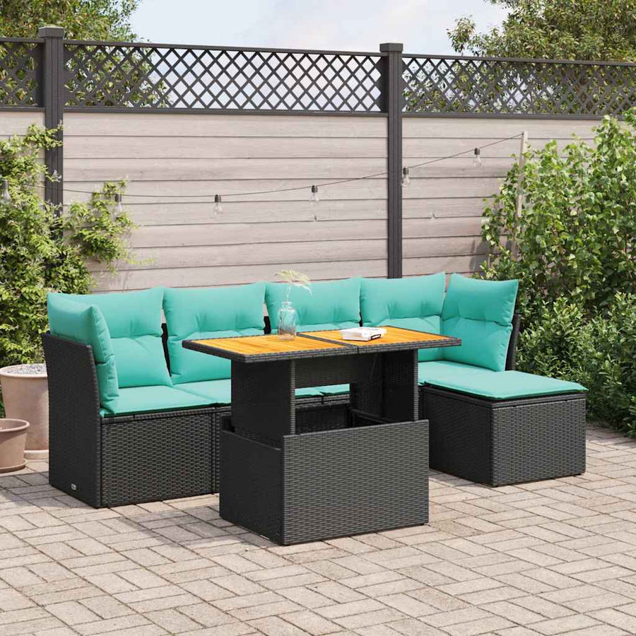 6-delige Loungeset met kussens poly rattan zwart