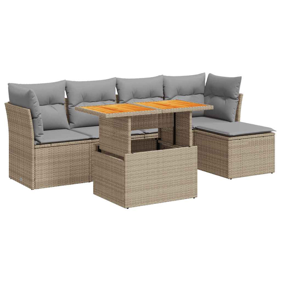 6-delige Loungeset met kussens poly rattan beige