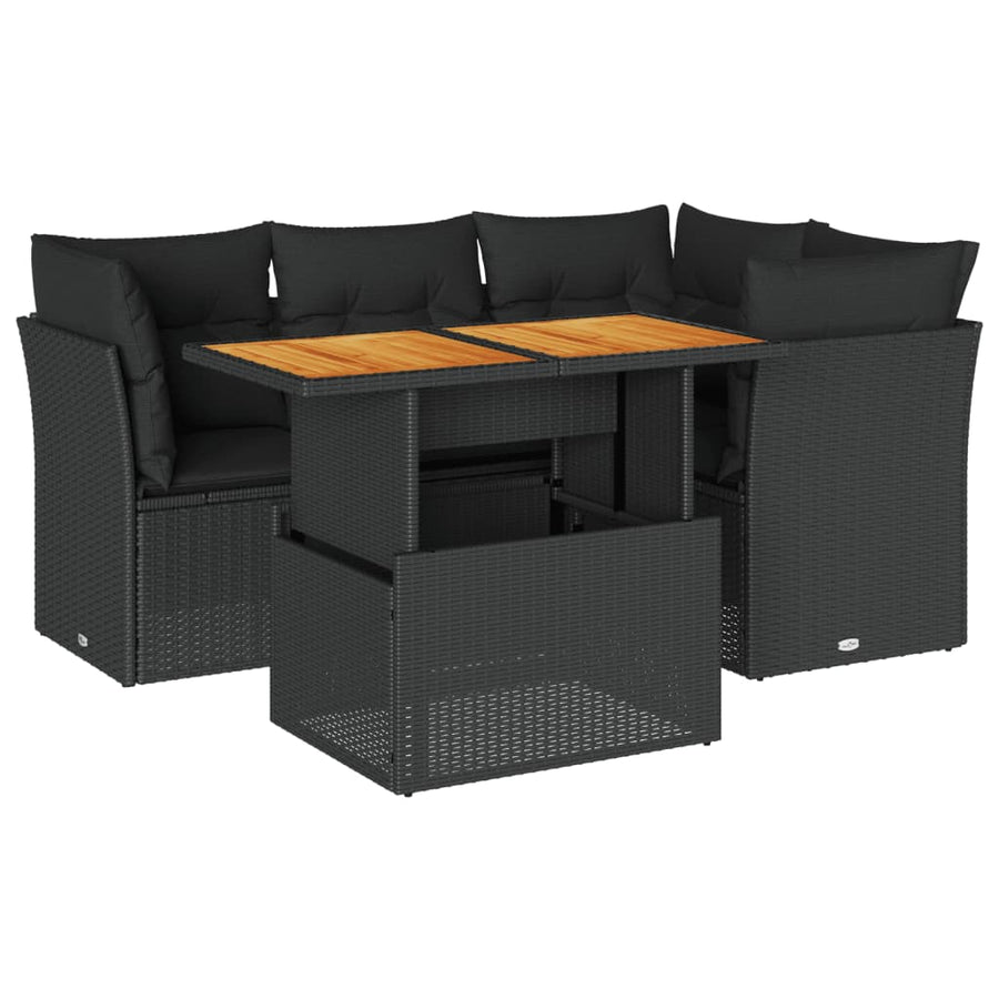 5-delige Loungeset met kussens poly rattan zwart