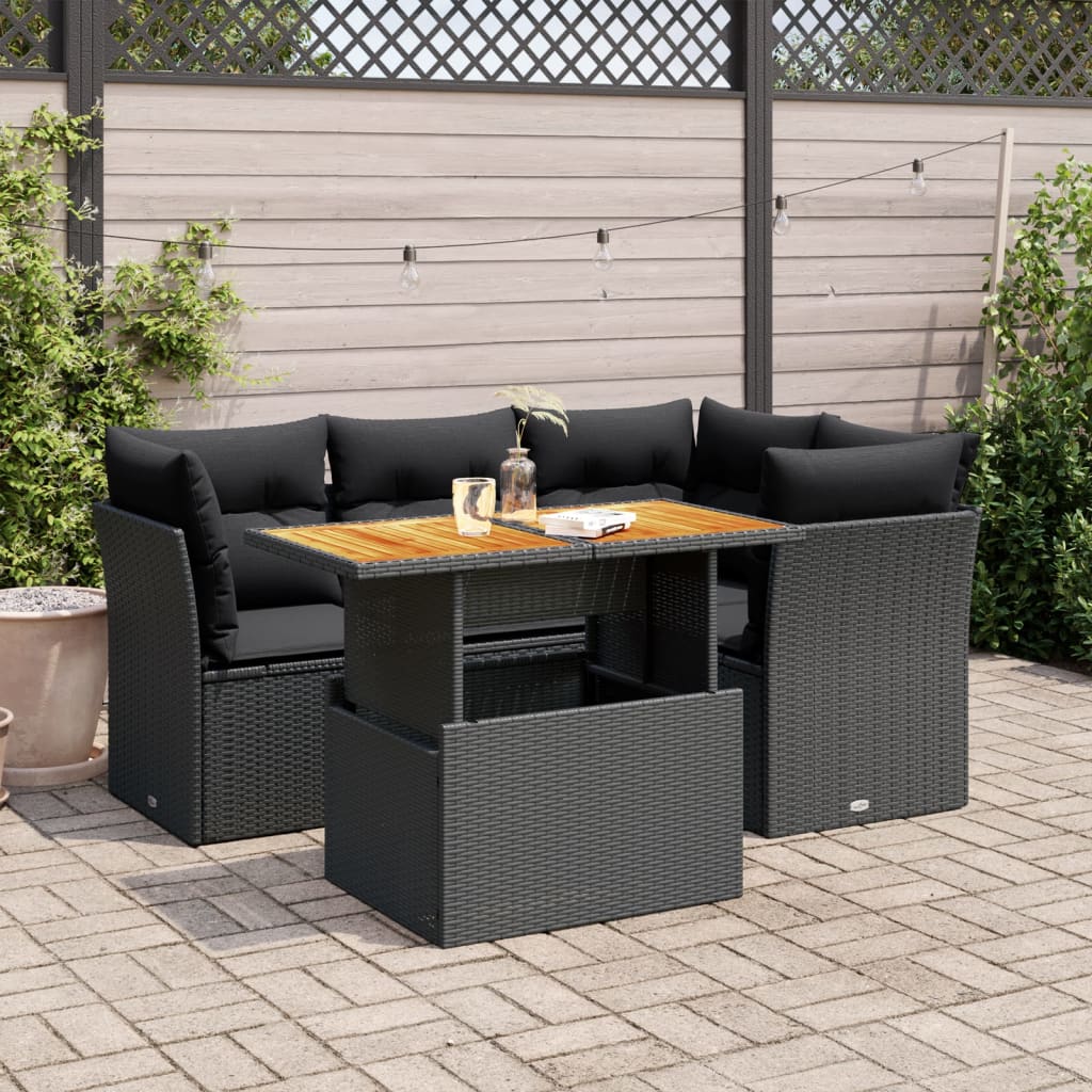 5-delige Loungeset met kussens poly rattan zwart
