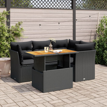 5-delige Loungeset met kussens poly rattan zwart