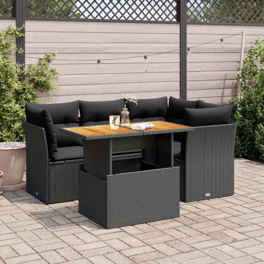 5-delige Loungeset met kussens poly rattan zwart