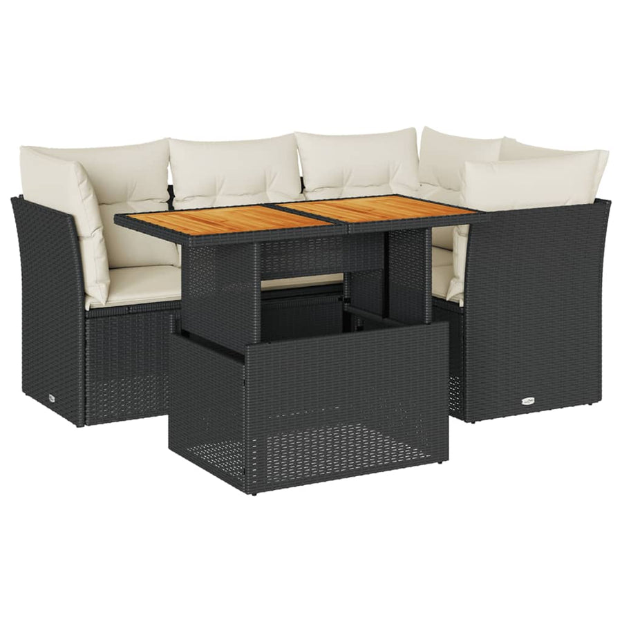 5-delige Loungeset met kussens poly rattan zwart