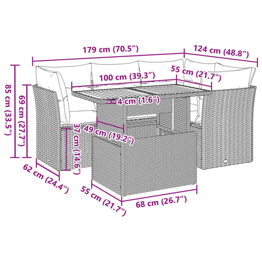 5-delige Loungeset met kussens poly rattan zwart