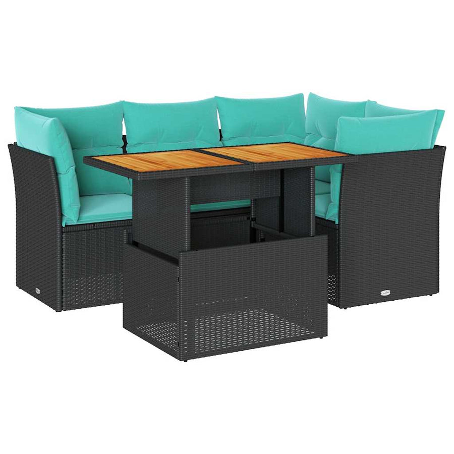 5-delige Loungeset met kussens poly rattan zwart