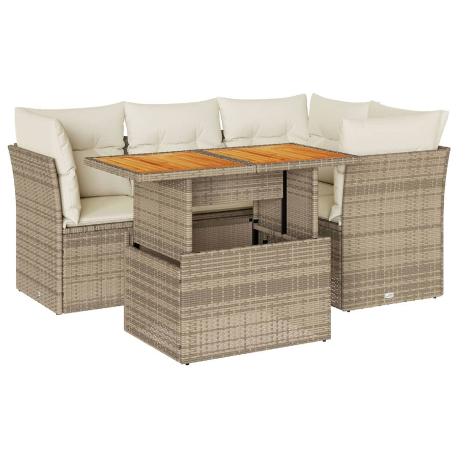 5-delige Loungeset met kussens poly rattan beige