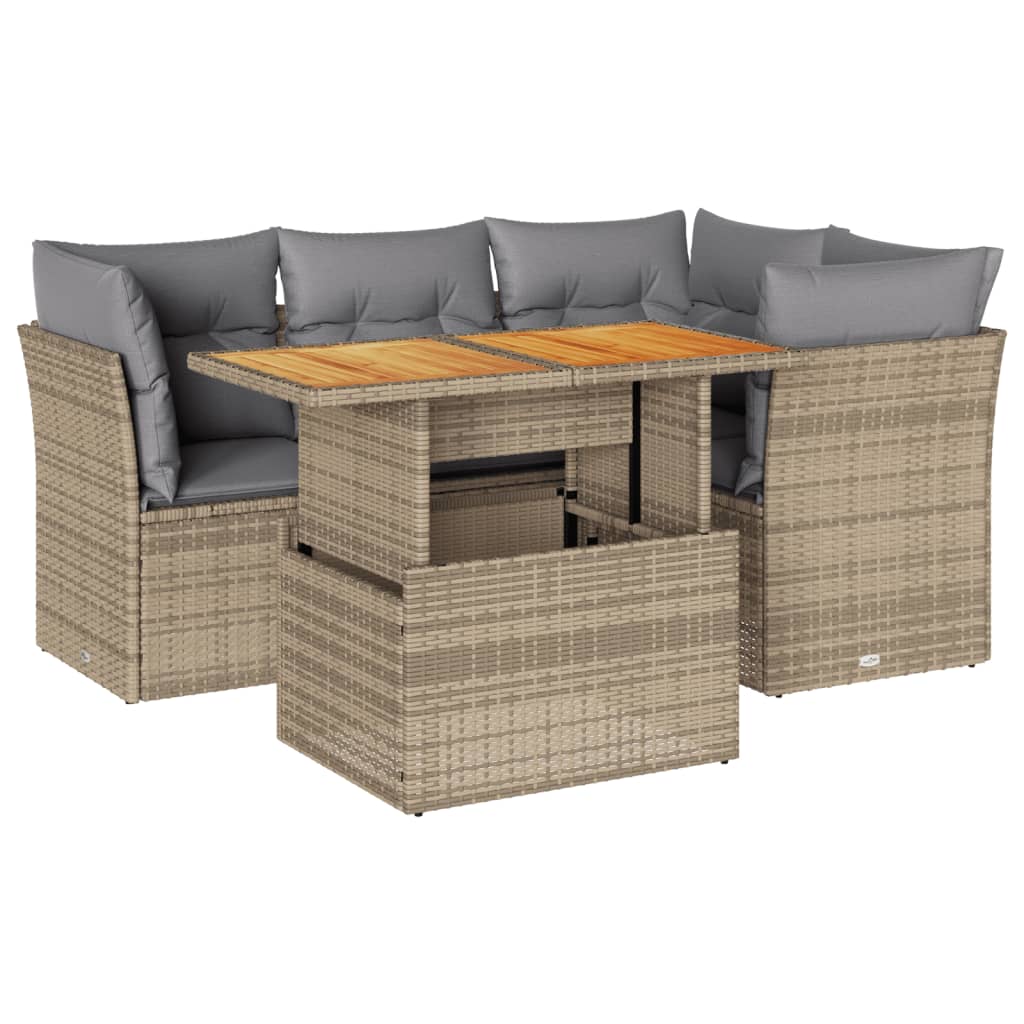 5-delige Loungeset met kussens poly rattan beige