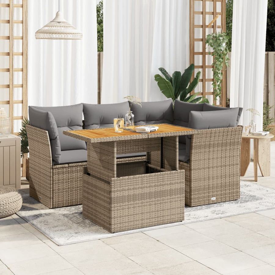 5-delige Loungeset met kussens poly rattan beige