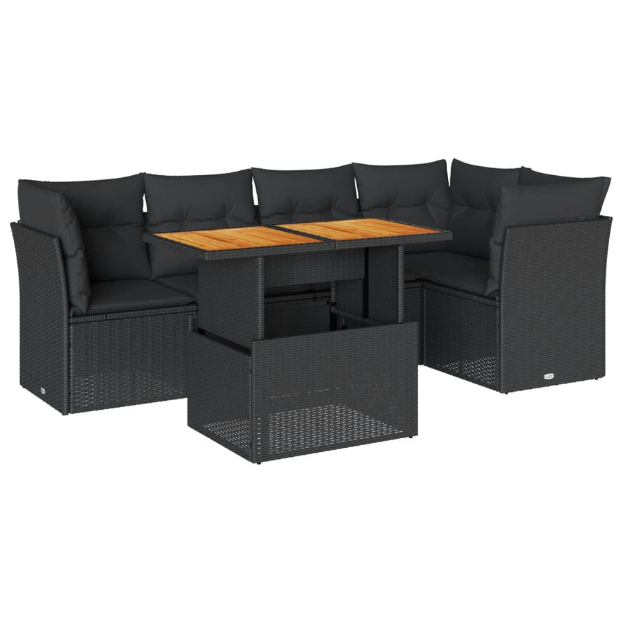 6-delige Loungeset met kussens poly rattan zwart