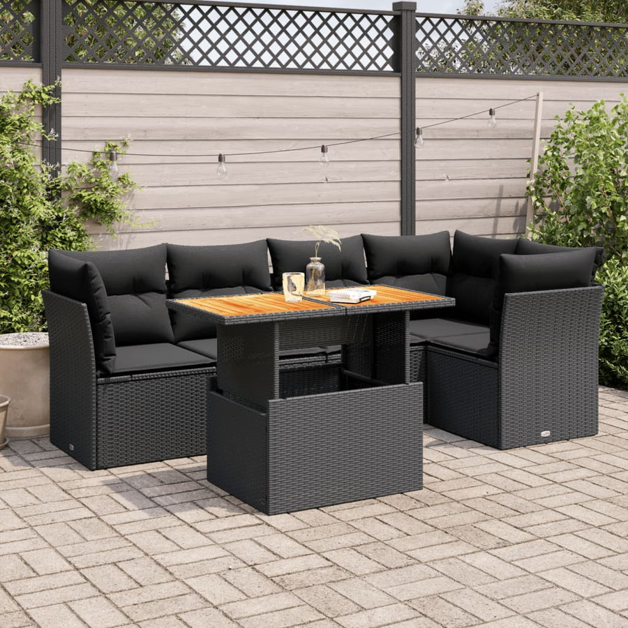 6-delige Loungeset met kussens poly rattan zwart