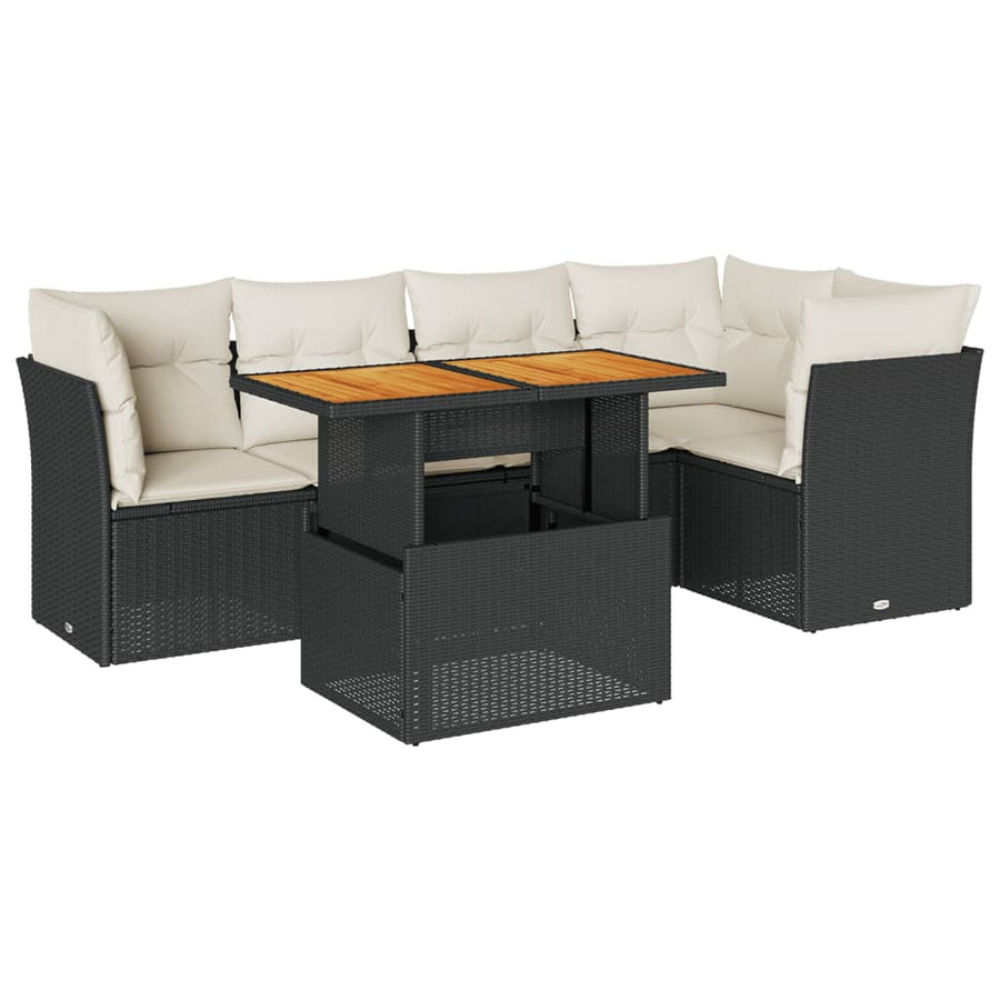 6-delige Loungeset met kussens poly rattan zwart