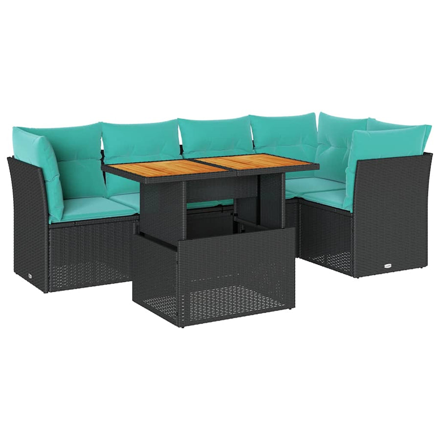 6-delige Loungeset met kussens poly rattan zwart