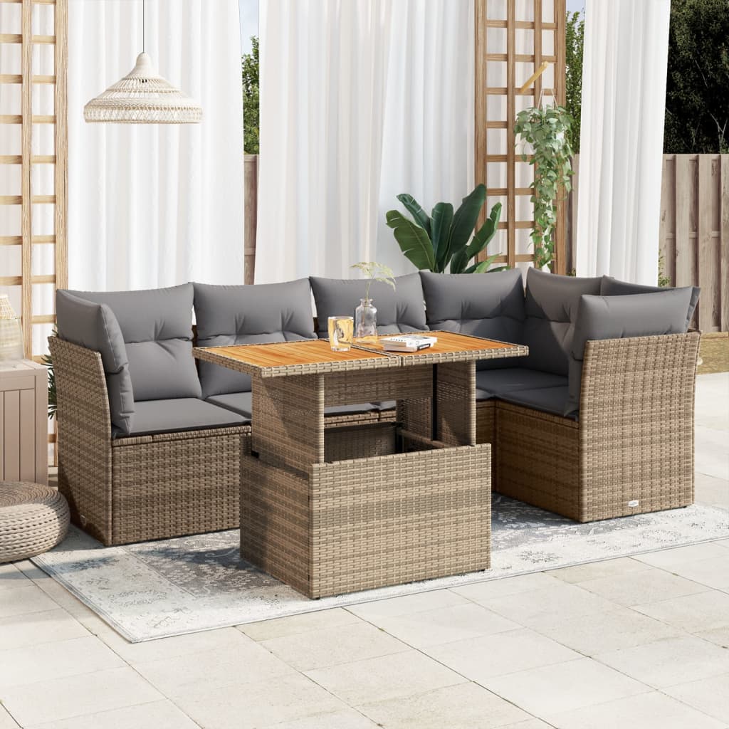 6-delige Loungeset met kussens poly rattan beige
