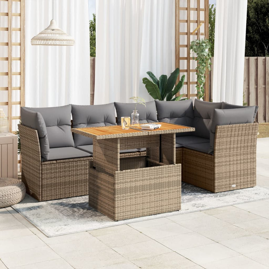6-delige Loungeset met kussens poly rattan beige