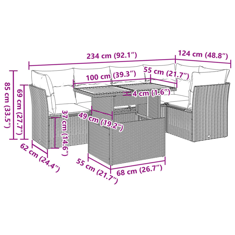 6-delige Loungeset met kussens poly rattan grijs