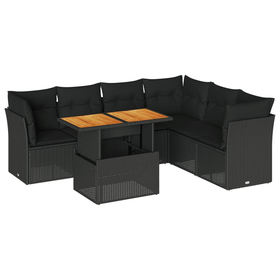 7-delige Loungeset met kussens poly rattan zwart