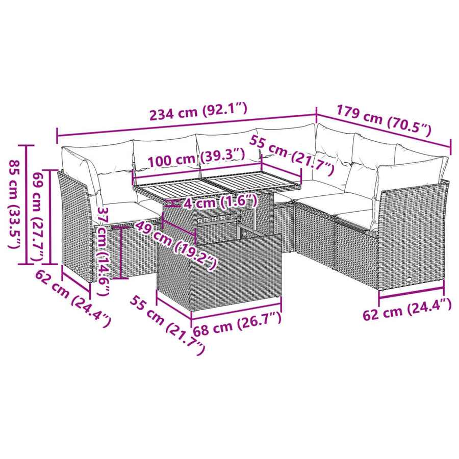 7-delige Loungeset met kussens poly rattan zwart