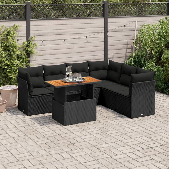 7-delige Loungeset met kussens poly rattan zwart