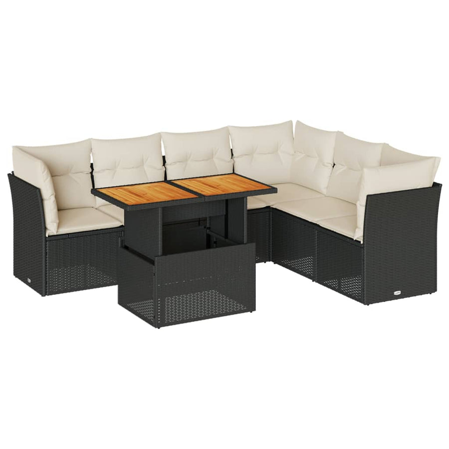 7-delige Loungeset met kussens poly rattan zwart
