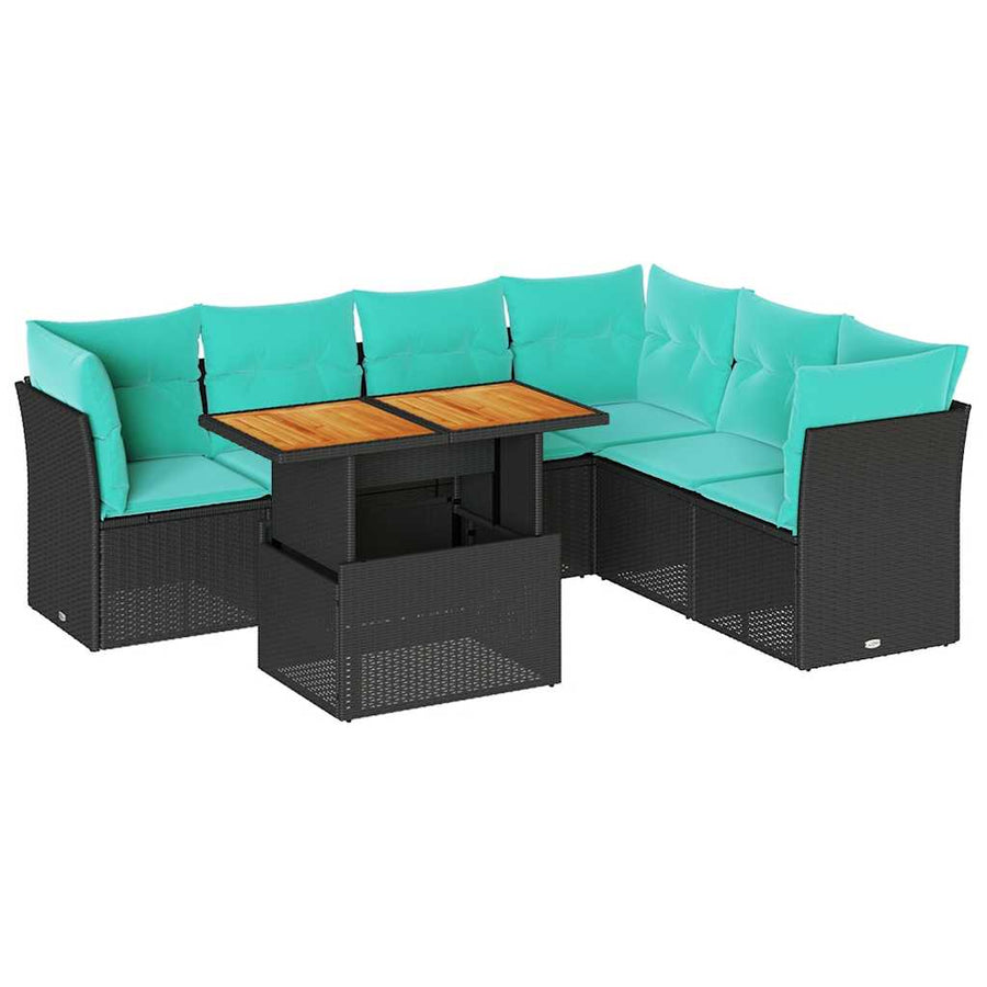 7-delige Loungeset met kussens poly rattan zwart