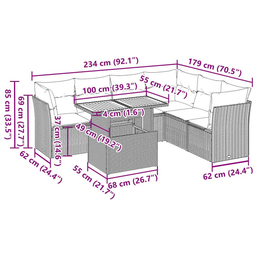 7-delige Loungeset met kussens poly rattan zwart