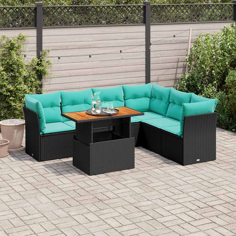7-delige Loungeset met kussens poly rattan zwart