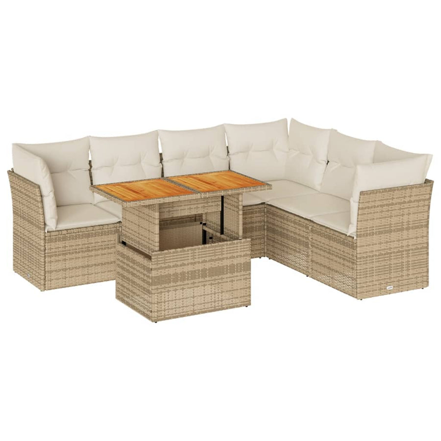 7-delige Loungeset met kussens poly rattan beige