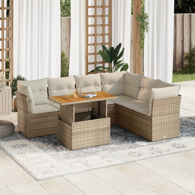 7-delige Loungeset met kussens poly rattan beige