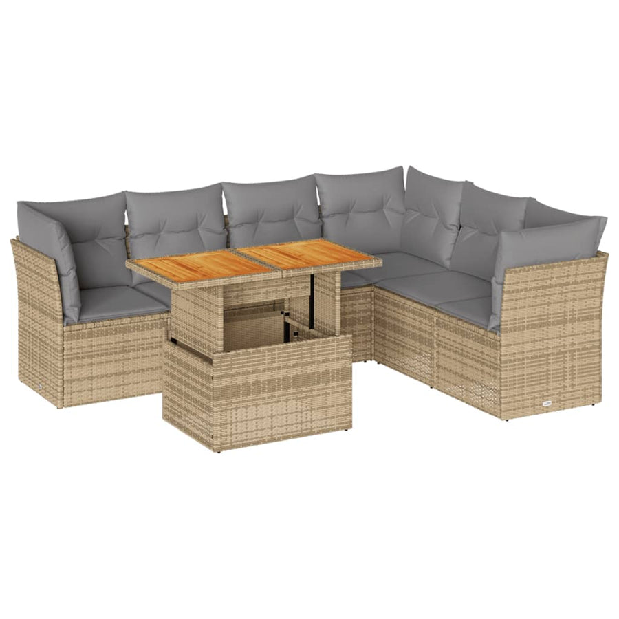 7-delige Loungeset met kussens poly rattan beige