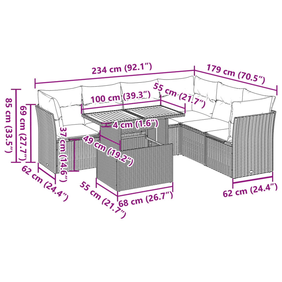 7-delige Loungeset met kussens poly rattan beige