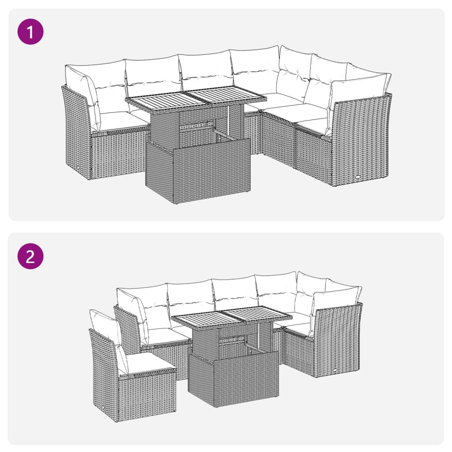 7-delige Loungeset met kussens poly rattan beige