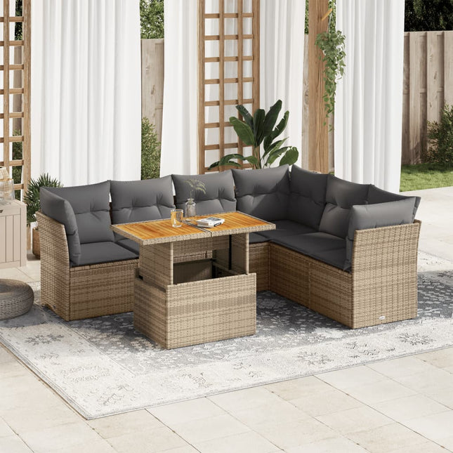 7-delige Loungeset met kussens poly rattan beige