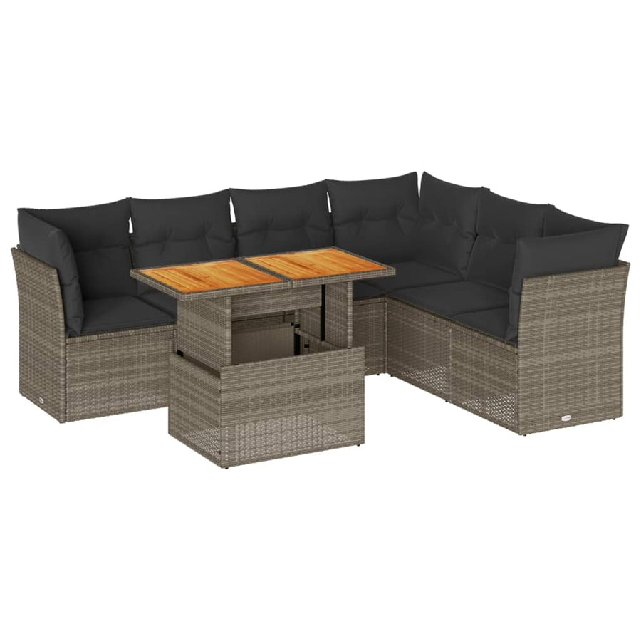 7-delige Loungeset met kussens poly rattan grijs