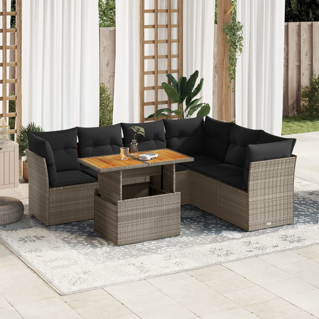 7-delige Loungeset met kussens poly rattan grijs