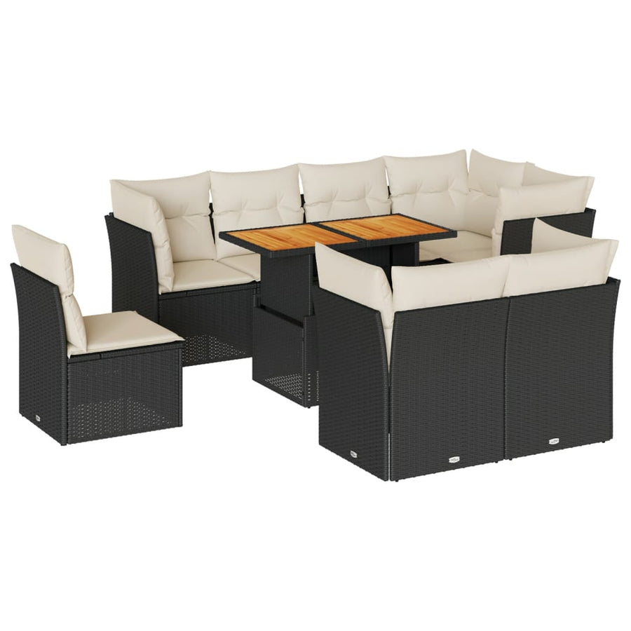 9-delige Loungeset met kussens poly rattan zwart