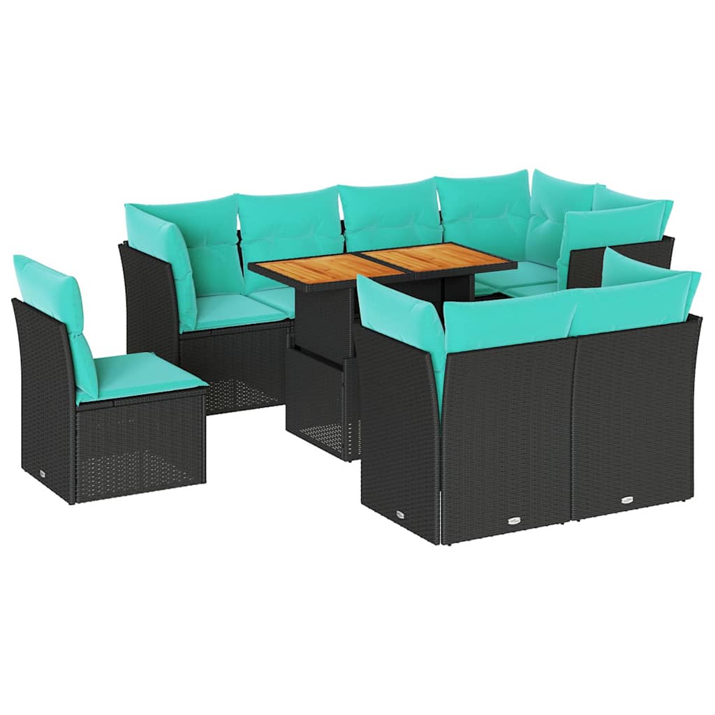 9-delige Loungeset met kussens poly rattan zwart