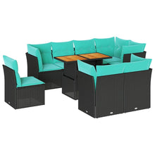 9-delige Loungeset met kussens poly rattan zwart