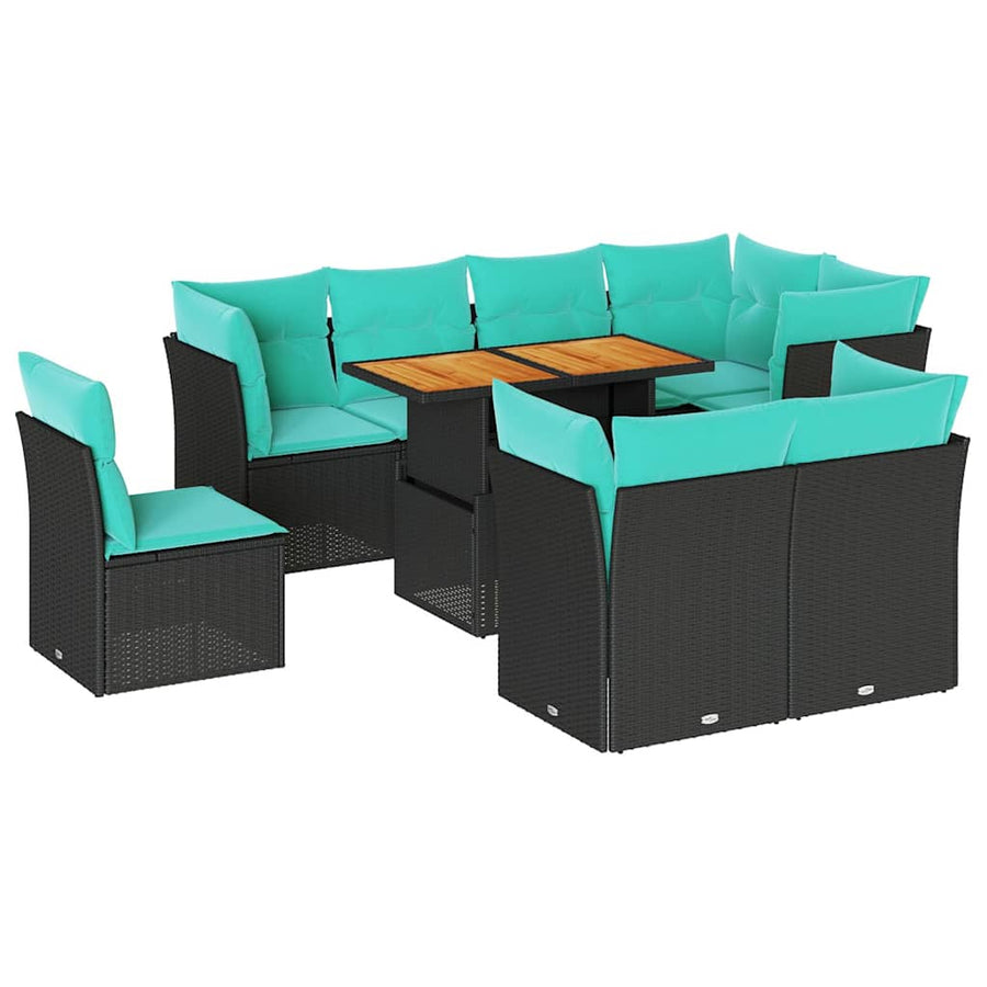 9-delige Loungeset met kussens poly rattan zwart