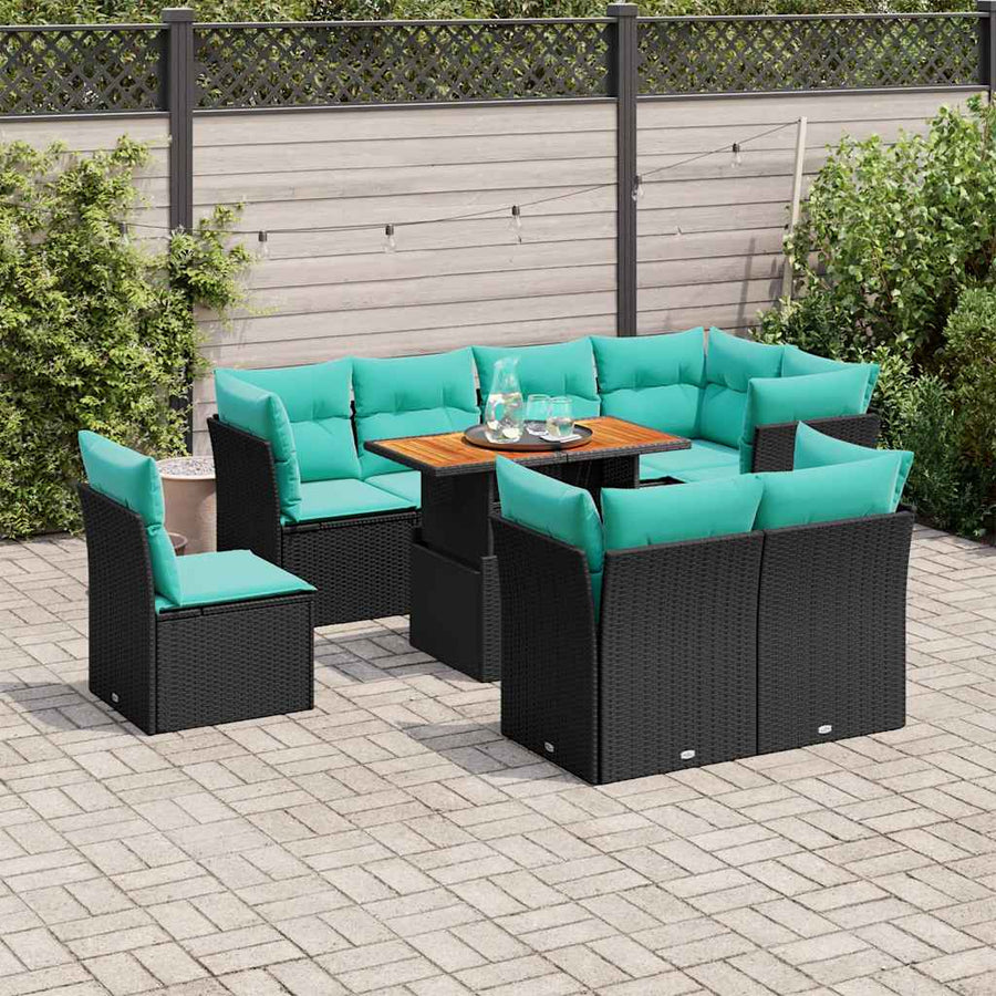 9-delige Loungeset met kussens poly rattan zwart