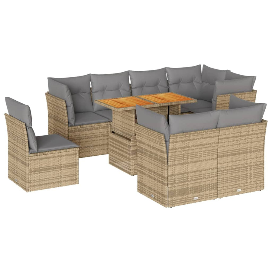 9-delige Loungeset met kussens poly rattan beige