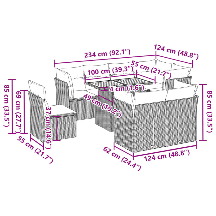 9-delige Loungeset met kussens poly rattan beige