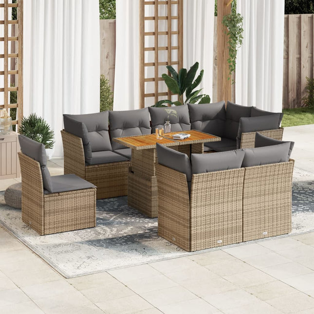 9-delige Loungeset met kussens poly rattan beige