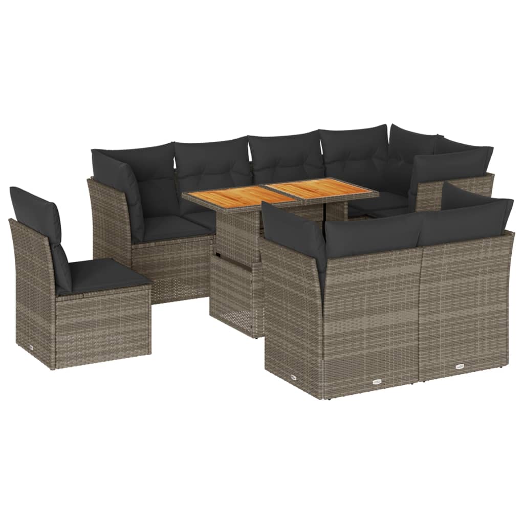 9-delige Loungeset met kussens poly rattan grijs