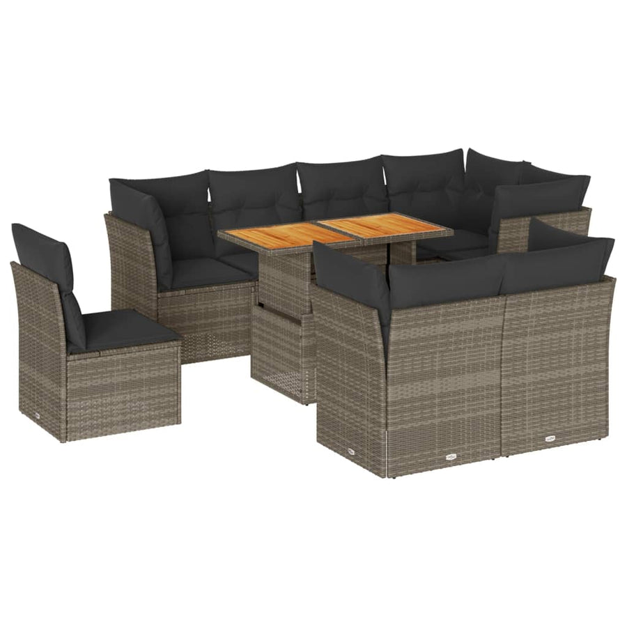 9-delige Loungeset met kussens poly rattan grijs