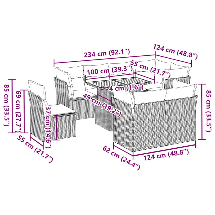 9-Delige Loungeset Met Kussens Poly Rattan 1 Grijs