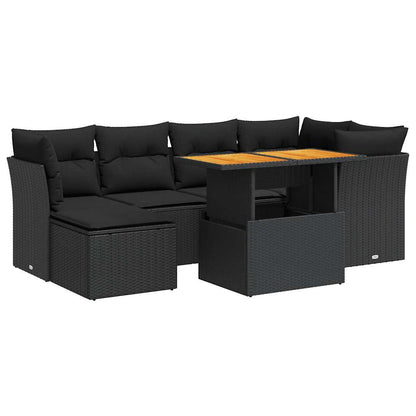 7-delige Loungeset met kussens poly rattan zwart
