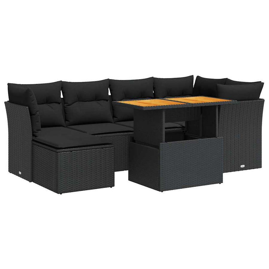 7-delige Loungeset met kussens poly rattan zwart